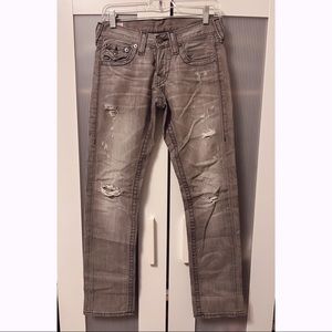 True Religion Light Gray Denim Jeans Distressed Straight Leg